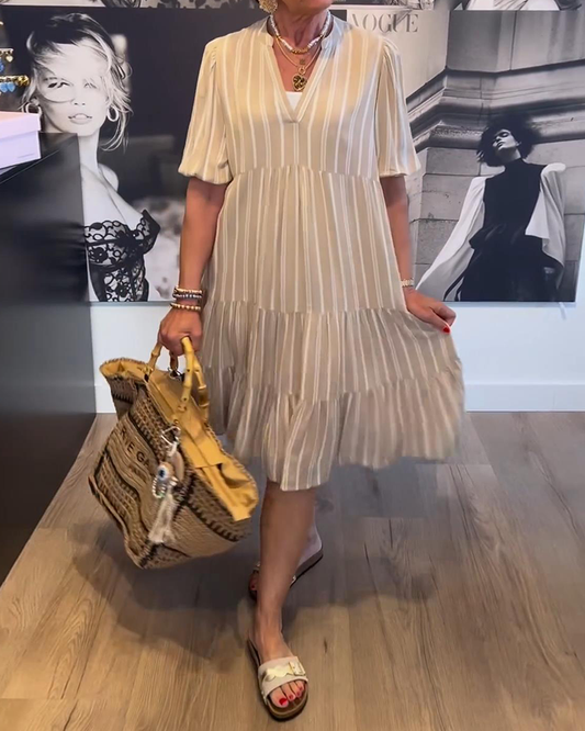 V-Neck Pleated Striped Dress