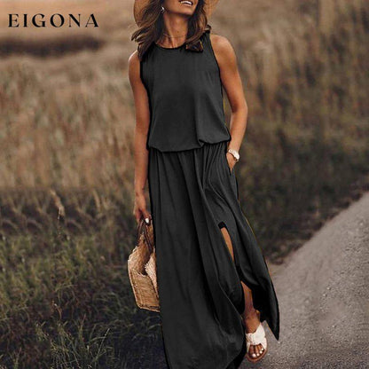 Women's Round Neck Sleeveless Dress Slit Multicolor Solid Color Long Dress Black Clothes dresses maxi dress