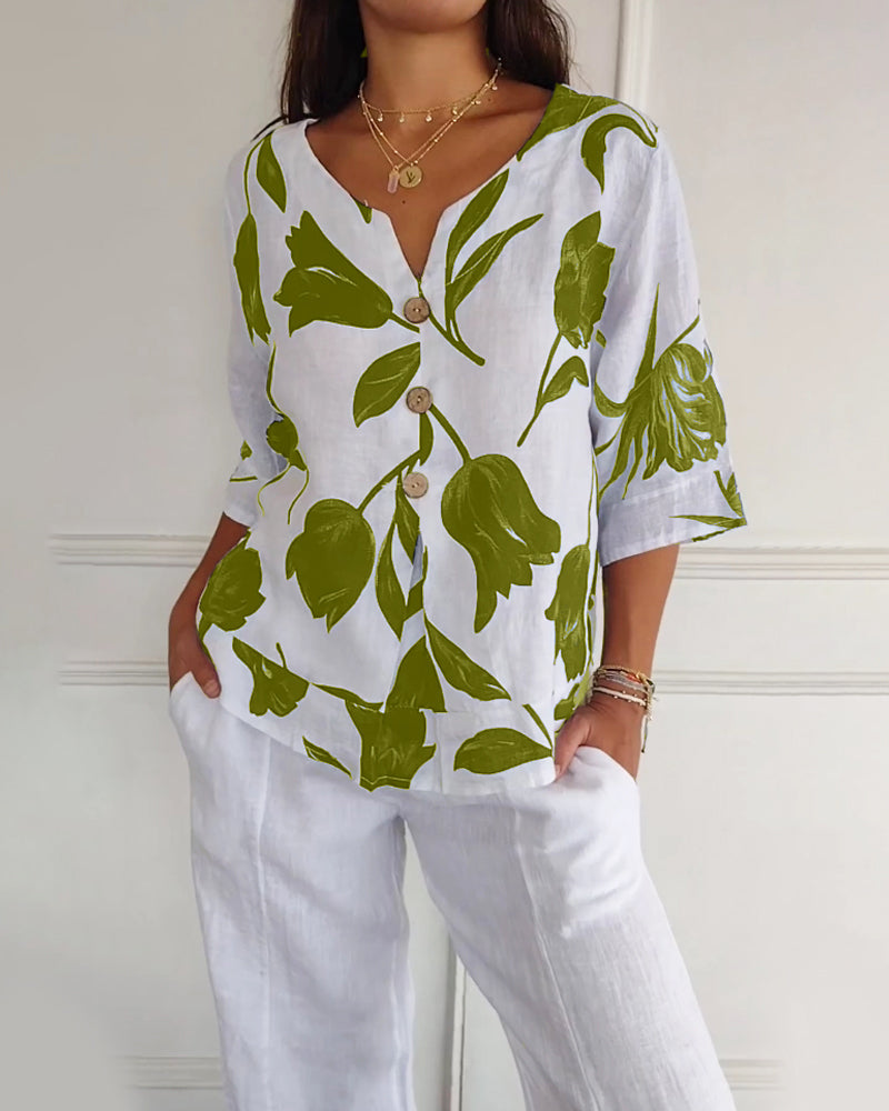 Button-Down-Oberteil aus Baumwolle und Leinen mit Blumendruck