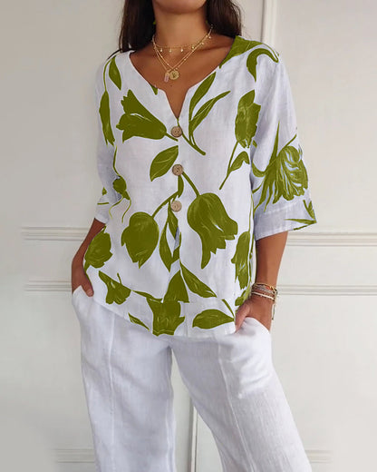 Button-Down-Oberteil aus Baumwolle und Leinen mit Blumendruck