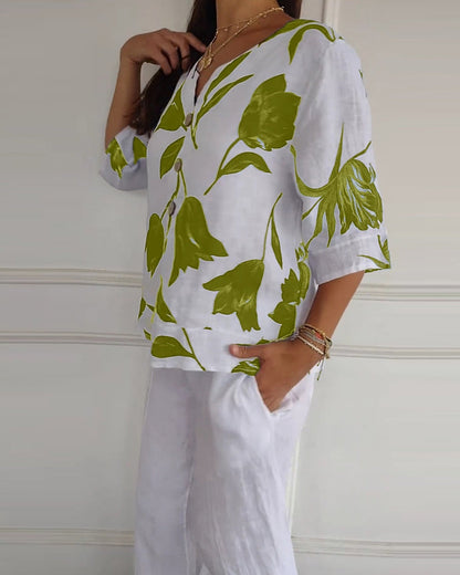 Button-Down-Oberteil aus Baumwolle und Leinen mit Blumendruck