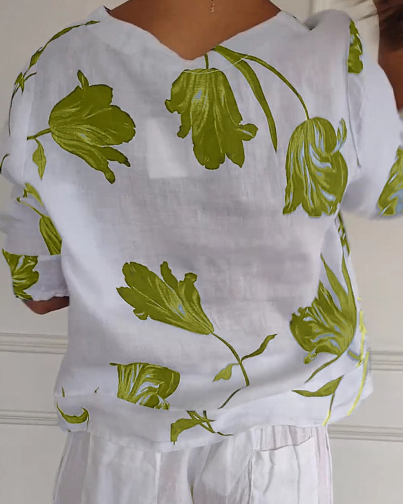 Button-Down-Oberteil aus Baumwolle und Leinen mit Blumendruck