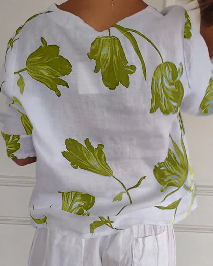 Button-Down-Oberteil aus Baumwolle und Leinen mit Blumendruck