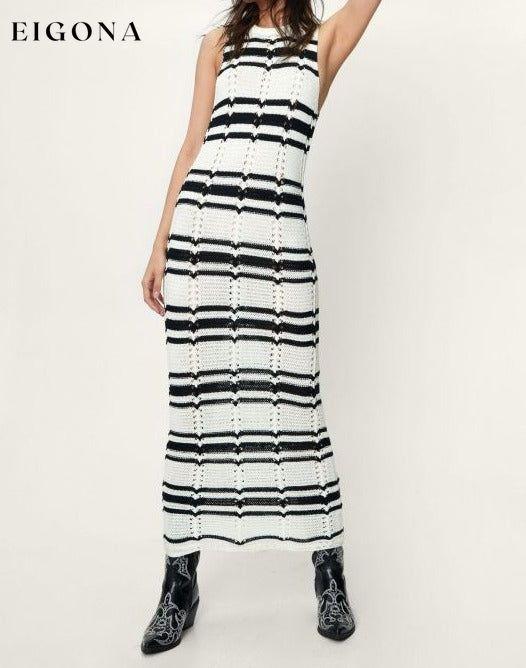 Women's round neck loose contrast striped maxi dress White casual dress casual dresses clothes dress dresses maxi dress