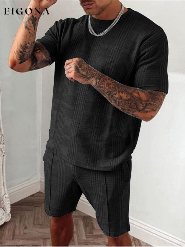 Men's casual plaid short-sleeved T-shirt + shorts two-piece set Black clothes