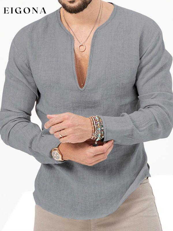 New Men's Long Sleeve T-Shirt Slim Fit Solid Color Large Size Deep V Neck Shirt Grey button down shirt clothes mens mens shirts