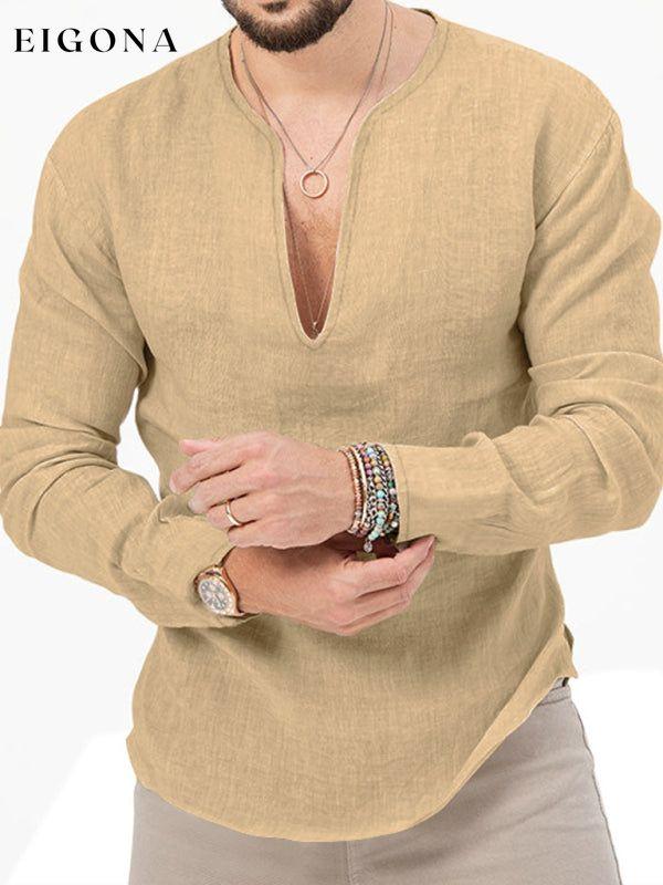 New Men's Long Sleeve T-Shirt Slim Fit Solid Color Large Size Deep V Neck Shirt Khaki button down shirt clothes mens mens shirts