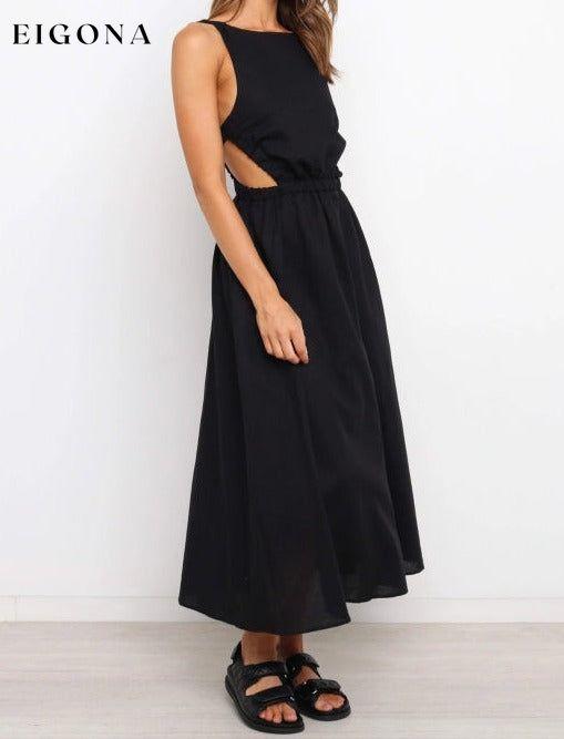 Women's Open Back Solid Color Sexy Cotton Linen Dress Black Clothes