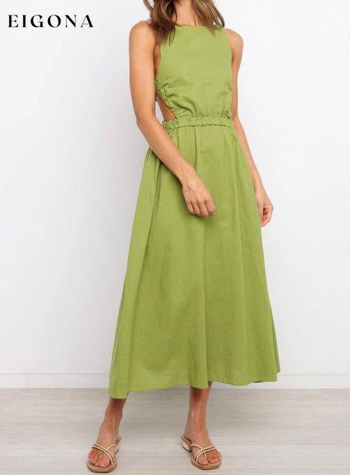 Women's Open Back Solid Color Sexy Cotton Linen Dress Green Clothes