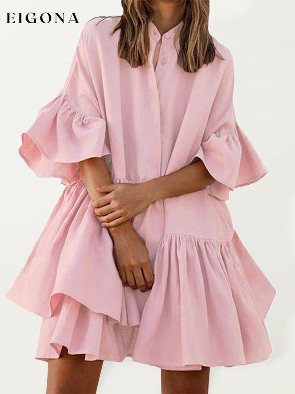 Women's Solid Color Ruffle Cotto Blend Shirtdress Pink Clothes