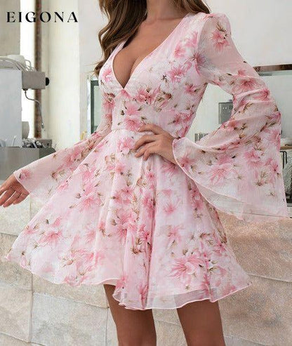 Women's Sexy V-Neck Floral Print High Waist Flared Sleeve Dress Clothes