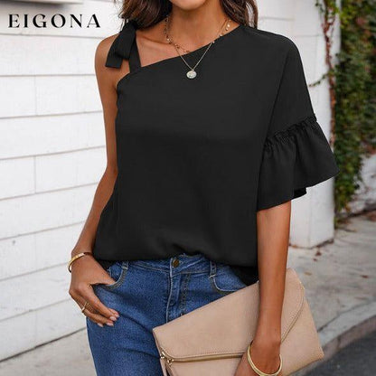 Women's fashion diagonal collar Ruffle Sleeve Chiffon Top Black clothes off the shoulder shirt shirt shirts short sleeve short sleeve shirt short sleeve top tops Tops/Blouses