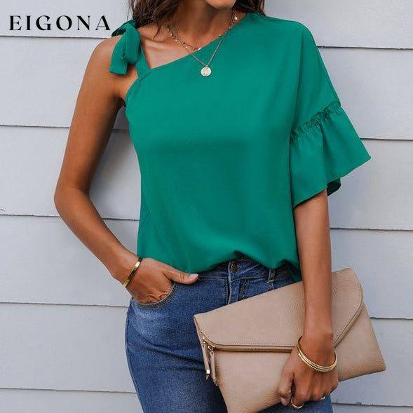 Women's fashion diagonal collar Ruffle Sleeve Chiffon Top aqua blue clothes off the shoulder shirt shirt shirts short sleeve short sleeve shirt short sleeve top tops Tops/Blouses