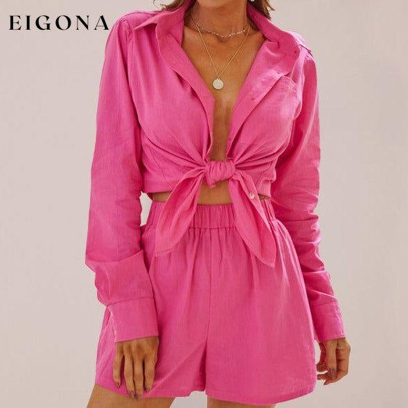 Women's lapel a single -breasted long -sleeved top two -piece set Rose Red clothes