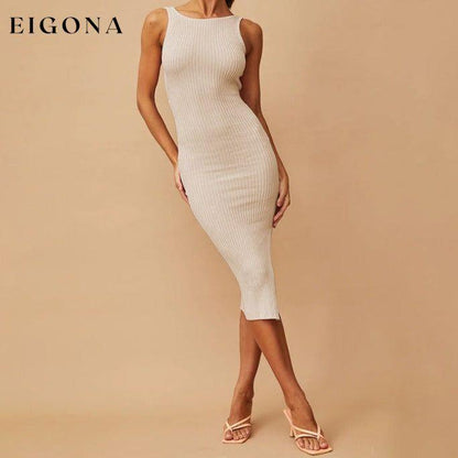 Women’s Solid Color Sleeveless Side Slit Knit Midi Dress khaki bodycon dresses casual dresses clothes dress dresses midi dress short sleeve short sleeve dress