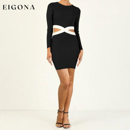 Women’s Ribbed Long Sleeve Cutouts Mini Dress Black clothes cocktail dresses cutout dress cutout dresses dress dresses long sleeve dress long sleeve dresses short dresses