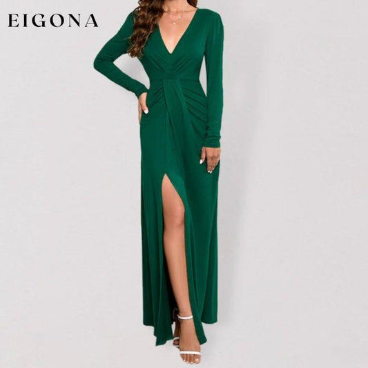 Women’s Long sleeve V neck Dress slit at the side gown Green clothes dress dresses formal dress formal dresses long sleeve dress long sleeve dresses maxi dress