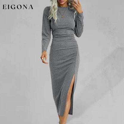 Women's Solid Color Round Neck Slim Long Sleeve Slit Dress Misty grey casual dresses clothes dress dresses long dresses long sleeve long sleeve dress long sleeve dresses long sleve dresses midi dresses