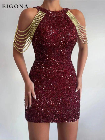 Sequined Chain Beads Bodycon Party Dress Wine Red Clothes