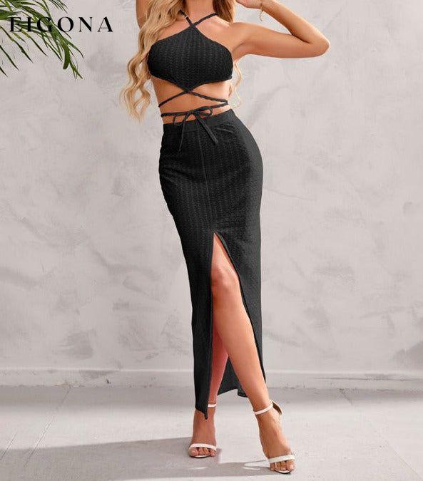 Women's Solid Color Halter Neckline Wrap Around The Top And Midi Slit Skirt Set Black clothes sets