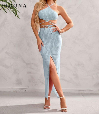 Women's Solid Color Halter Neckline Wrap Around The Top And Midi Slit Skirt Set Mist blue clothes sets