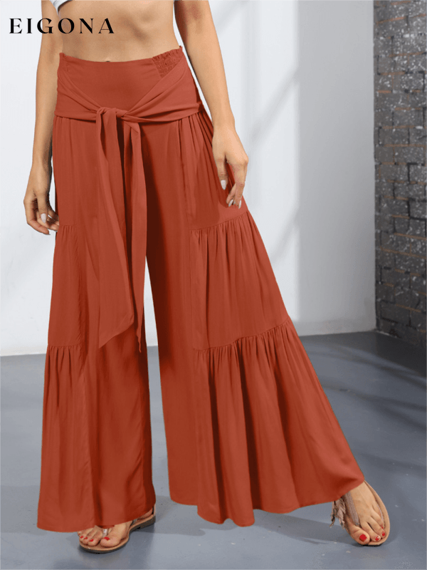 Women's woven strap elastic waist this kind of wide-leg A-type casual trousers Brick red bottoms clothes pants Women's Bottoms