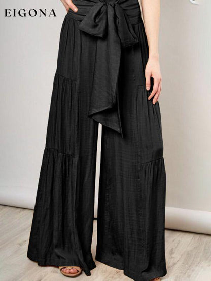 Women's woven strap elastic waist this kind of wide-leg A-type casual trousers Black bottoms clothes pants Women's Bottoms