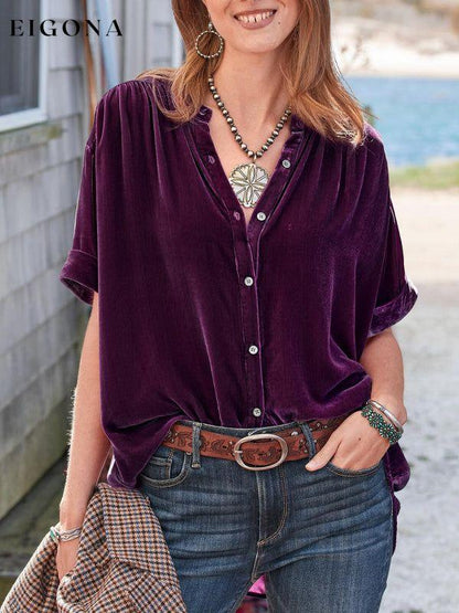 Women's Plush Velvet Button-up Shirt Purplish red clothes shirt shirts short sleeve shirt tops