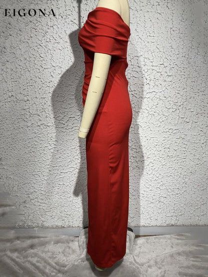 Women's Solid Color Off-the-shoulder Ruffle Slit Maxi Dress Clothes