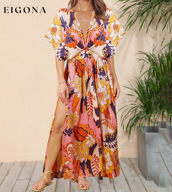 New bat sleeve v-neck printed beach dress sexy long skirt Red Clothes