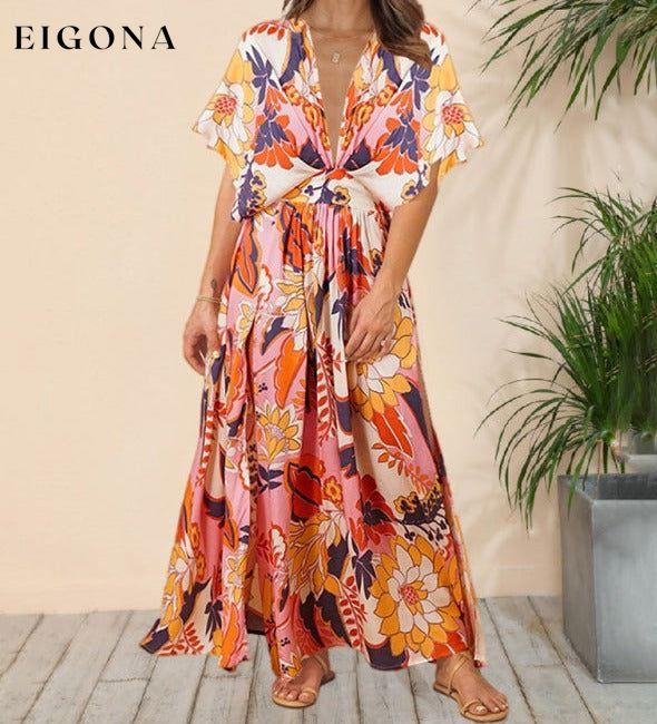 New bat sleeve v-neck printed beach dress sexy long skirt Clothes