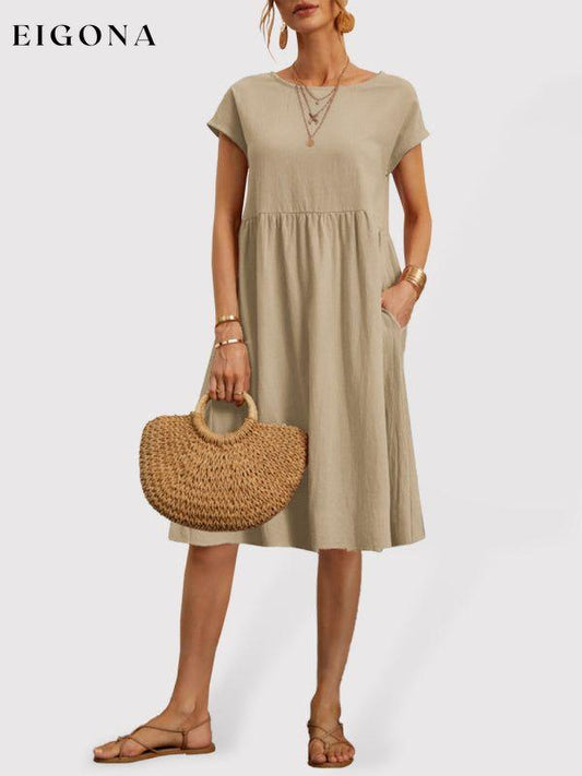 Women's Solid Color Cotton Linen Round Neck A-Line Dress Khaki clothes