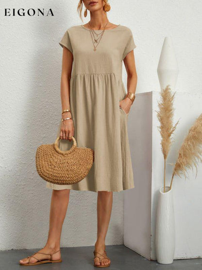 Women's Solid Color Cotton Linen Round Neck A-Line Dress clothes