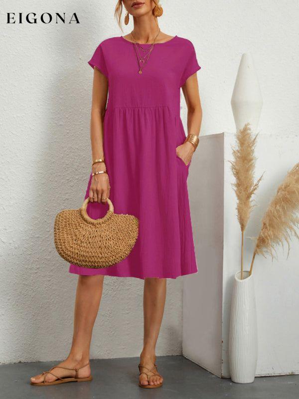 Women's Solid Color Cotton Linen Round Neck A-Line Dress Wine Red clothes