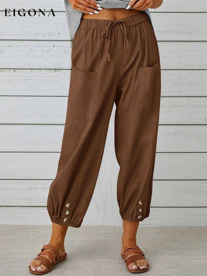 Loose high-waisted button-down cotton and linen cropped trousers wide-leg women's trousers Brown clothes