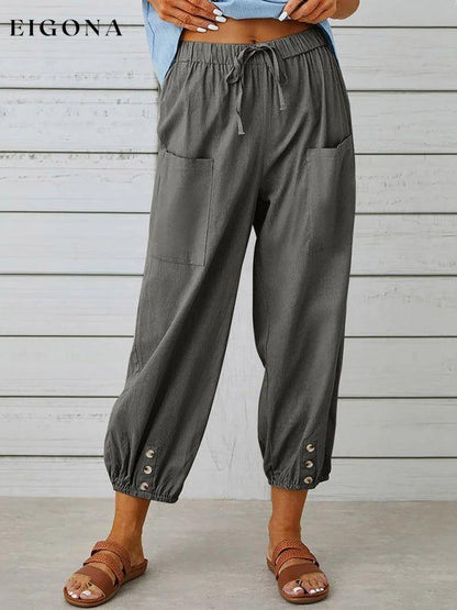 Loose high-waisted button-down cotton and linen cropped trousers wide-leg women's trousers Charcoal grey clothes