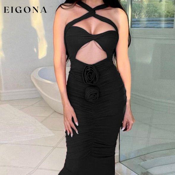 Women's Solid Color Halter Neckline Cutout Waist Jersey Grown Black Clothes