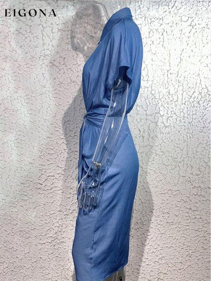 Women's Denim Button Down Short Sleeve Ruched Waist Tie Shirtdress Clothes