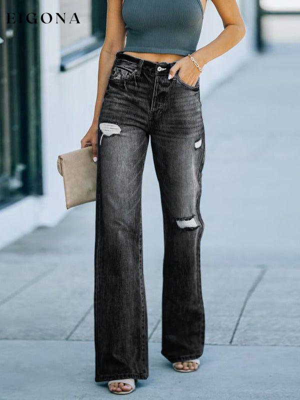 Women's Washed Ripped Wide Leg Jeans Black Clothes