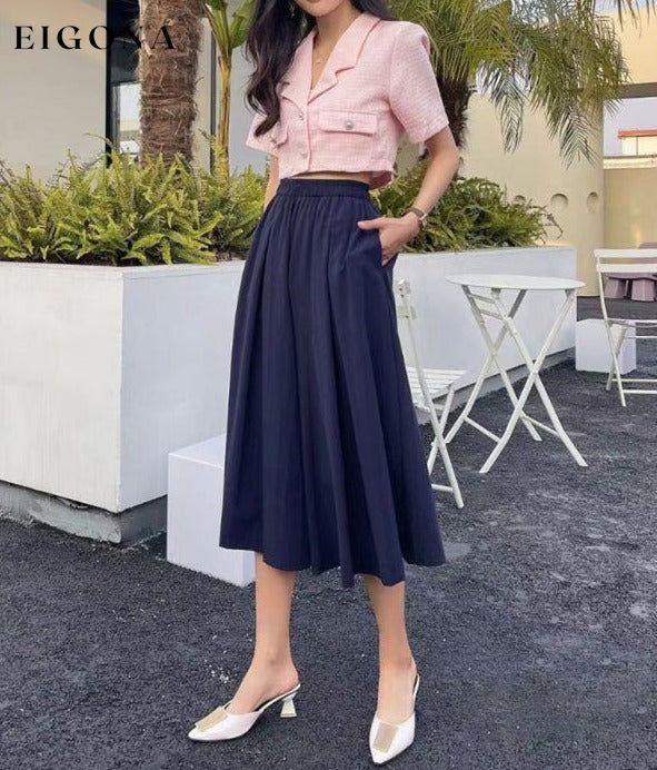 Large swing umbrella skirt pleated high waist mid-length a-line pleated skirt Blue Clothes