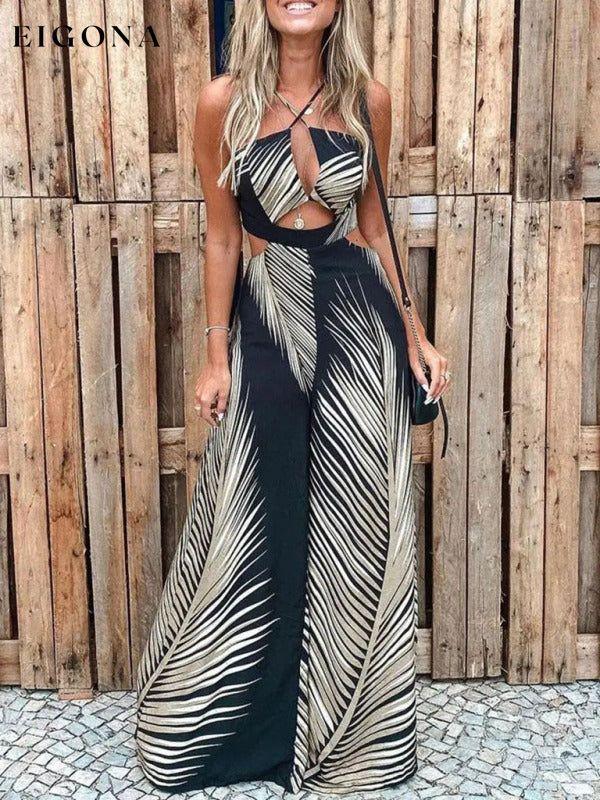 Women's Irregular Printed Sling Jumpsuit Black Clothes