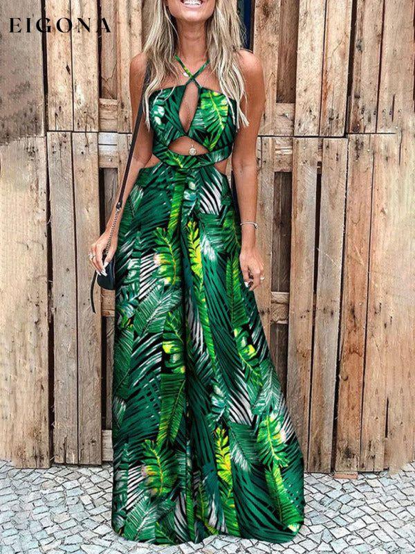 Women's Irregular Printed Sling Jumpsuit Green Clothes