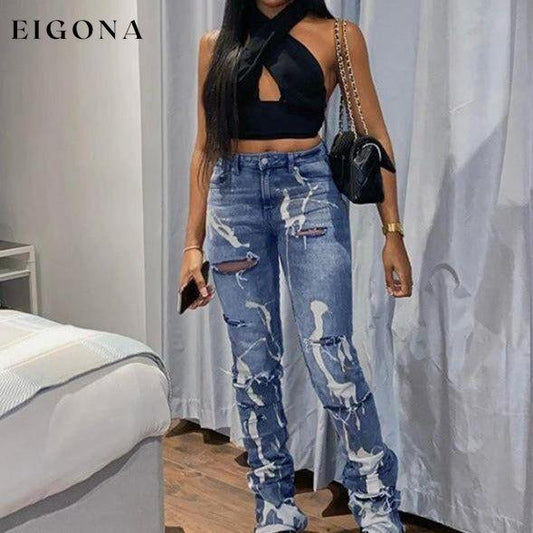 Women's casual fashion trend abstract irregular print ripped jeans Blue Clothes