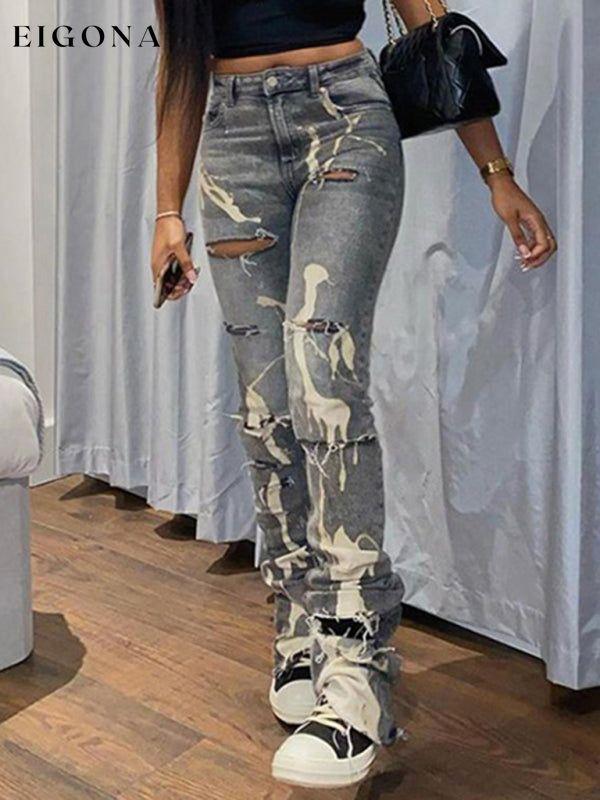 Women's casual fashion trend abstract irregular print ripped jeans Black Clothes