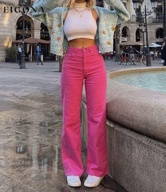 Trendy loose all-match trousers look thin high waist jeans wide leg pants Rose Clothes