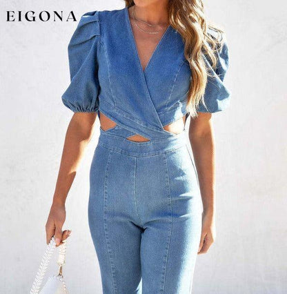 Women's Denim Slim Puff Sleeve Crossover Waist Jumpsuit Clothes denim Jumper Jumpsuit Rompers