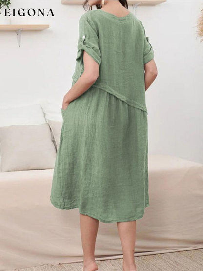 Women's Woven Linen V-Neck Design Sense Short Sleeve Dress Clothes dress dresses dressss