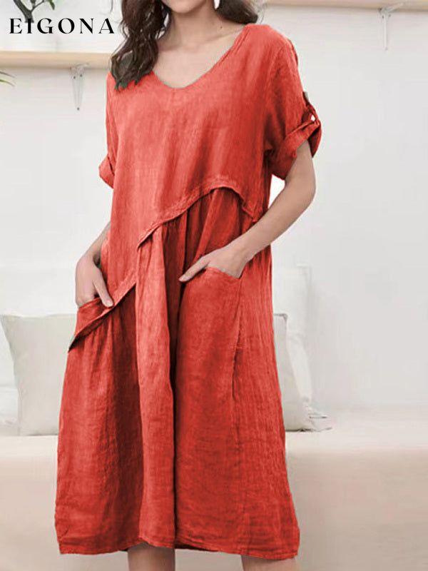 Women's Woven Linen V-Neck Design Sense Short Sleeve Dress Orange Red Clothes dress dresses dressss