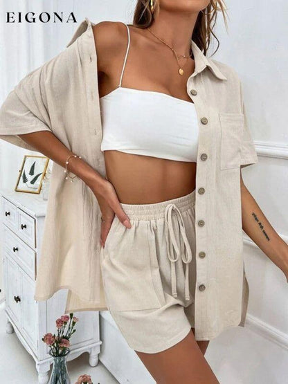 Loose-fit short-sleeve single-breasted shorts Two-piece solid-color shirt set 2 piece clothes sets short set