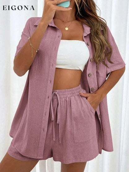 Loose-fit short-sleeve single-breasted shorts Two-piece solid-color shirt set 2 piece clothes sets short set